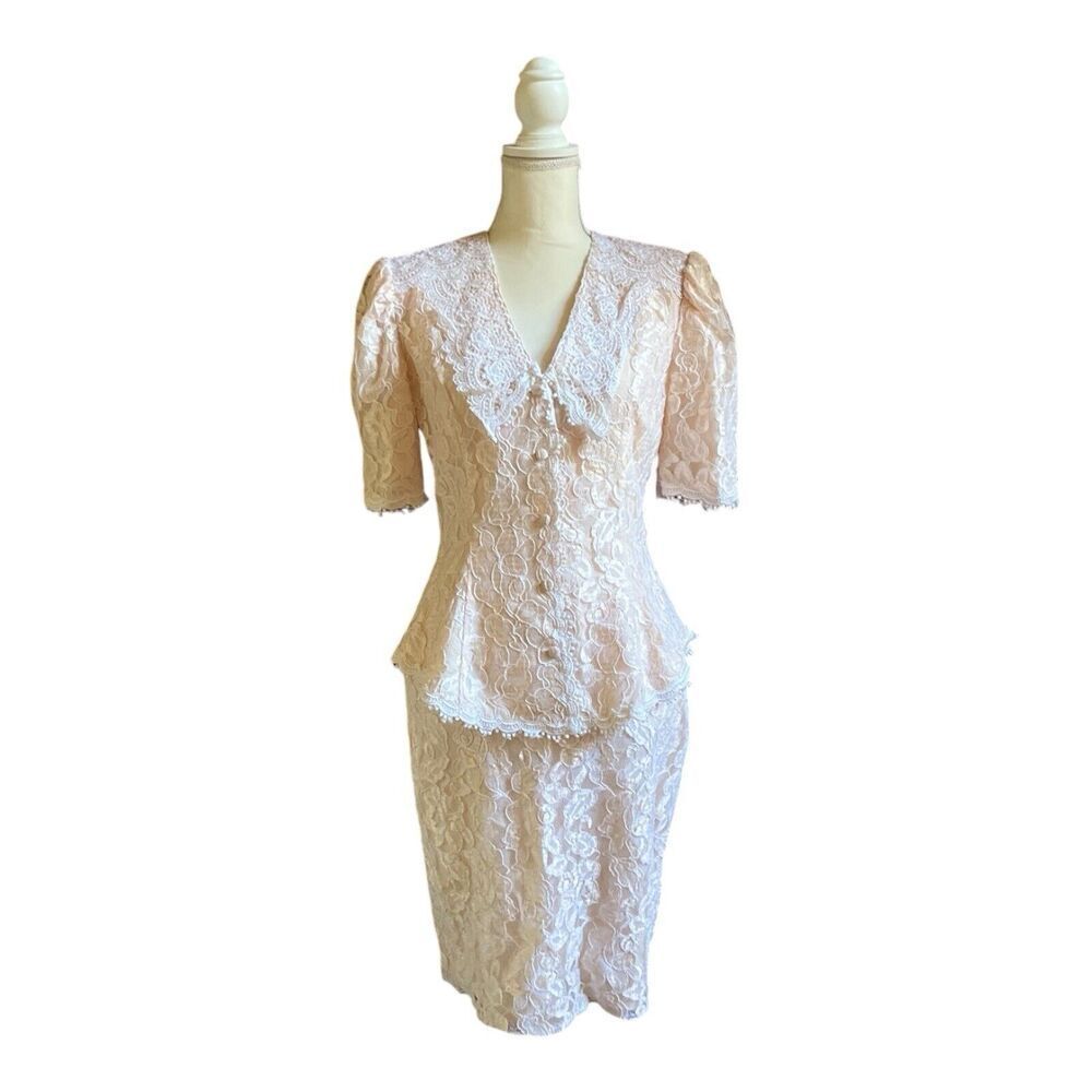 Vintage Scott McClintock Skirt Suit Set Light Pink Lace Designer Workwear US 10